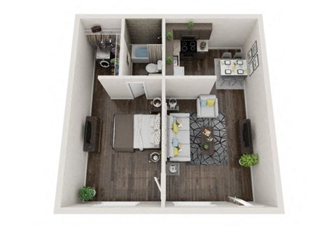 an open floor plan with a bedroom and a living room